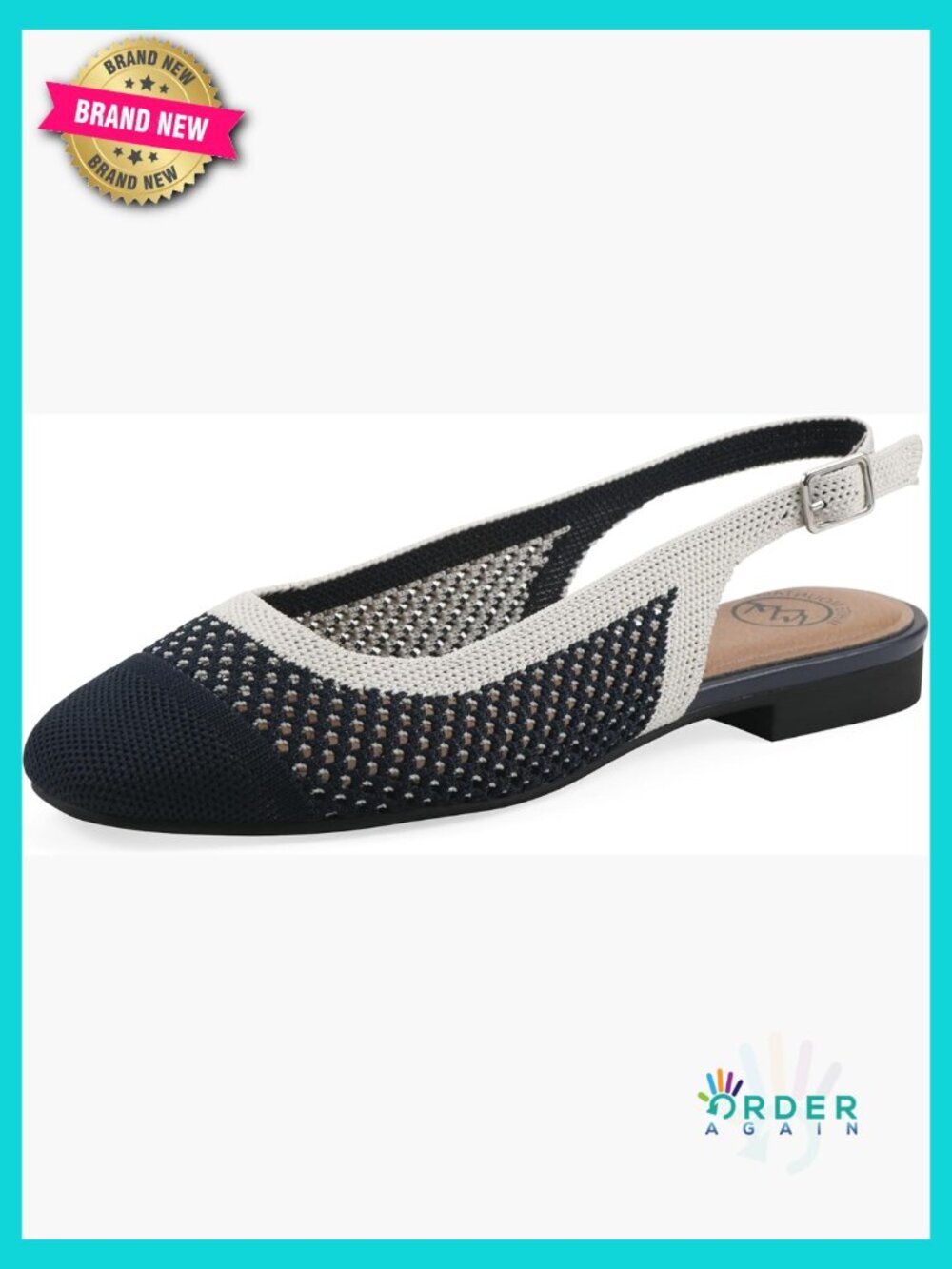 Slingback Flat Fly Knit Low Block Heel Adjustable Strap